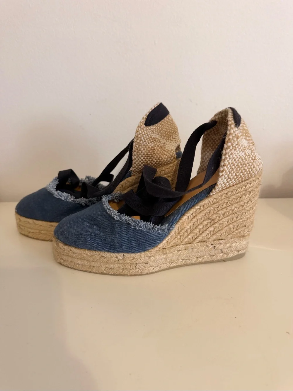 Castaner Navy Canvas Espadrille Wedge Sandals with Ankle Wrap Size 37 (7 US)
